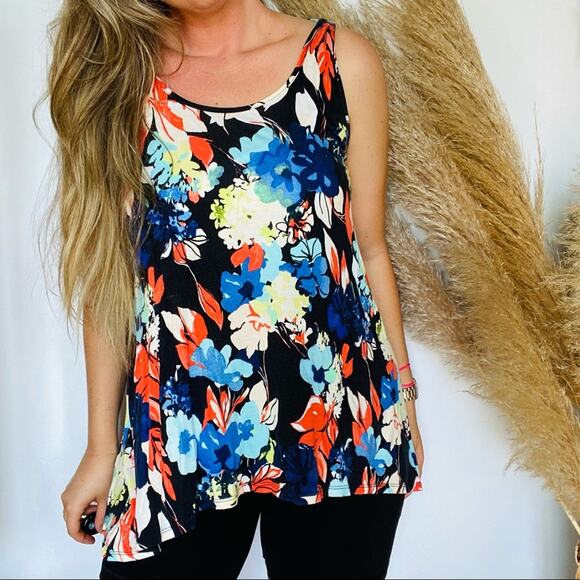 ANTHROPOLOGIE WESTIN WEAR Black Multi Floral Tie Back Tank Top Tunic Shirt M - Picture 1 of 8
